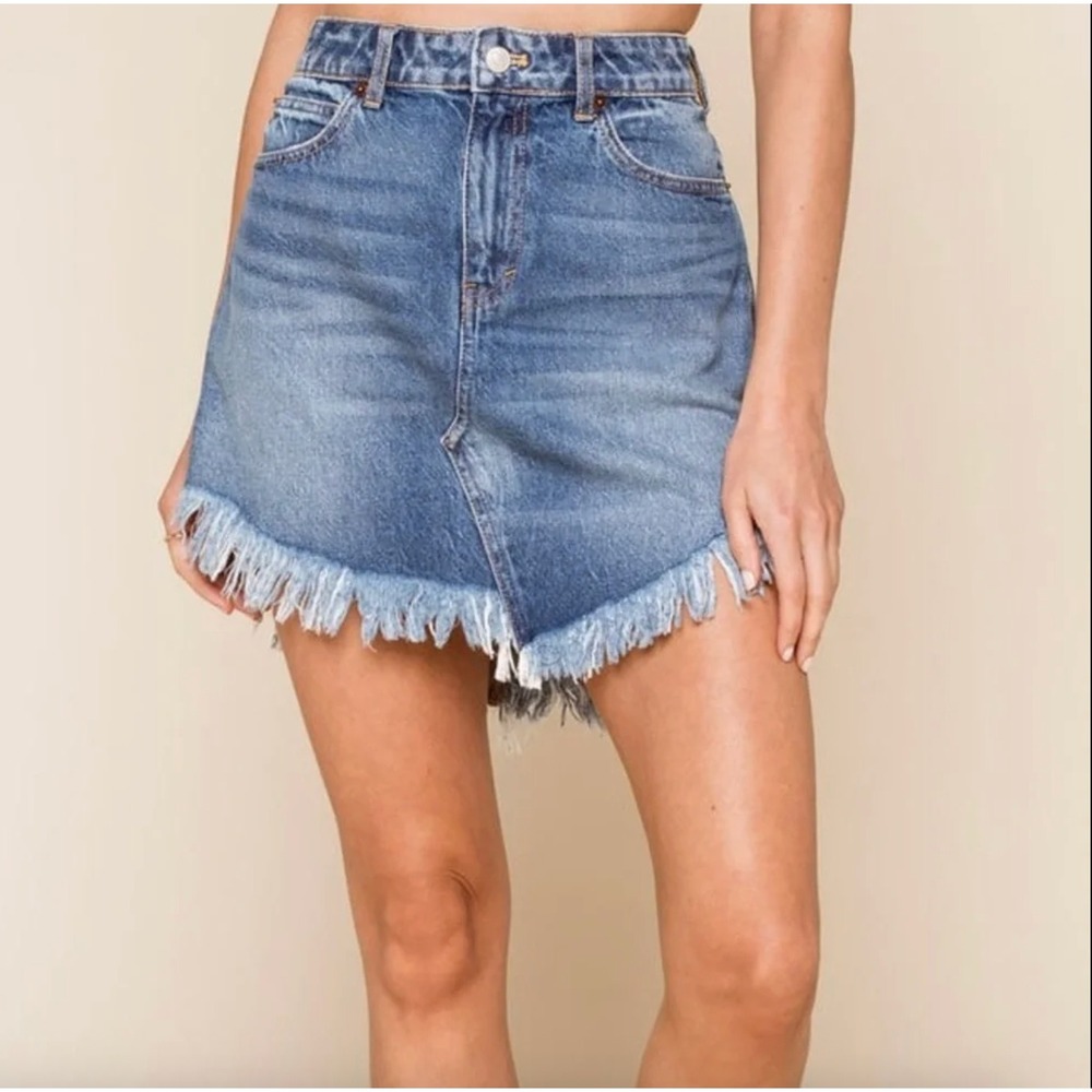Free People We the Free Womens Bailey Fringe Denim Mini Skirt Size 31 Blue